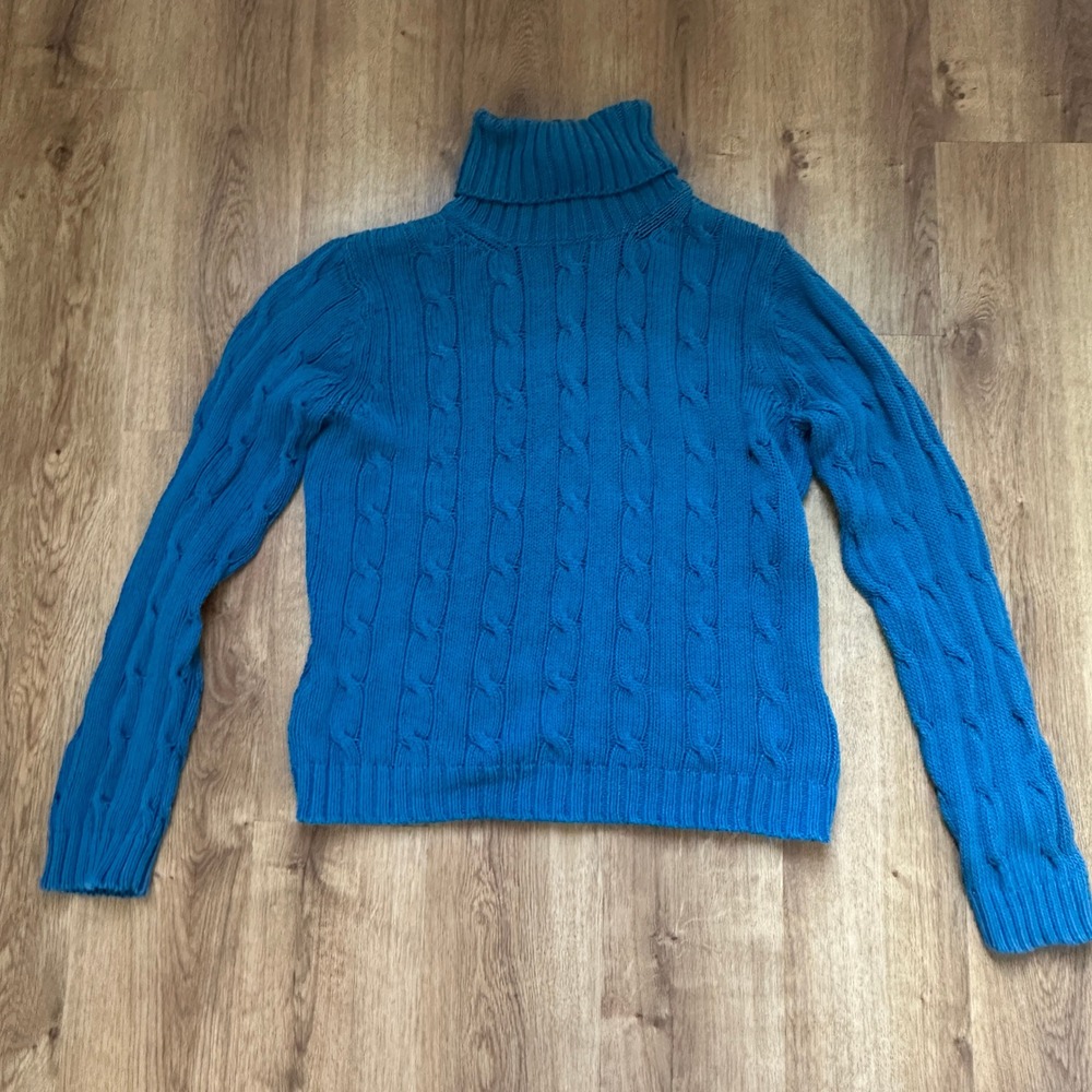 Eddie Bauer Blue Cable Knit Turtleneck Sweater 100% Cotton Women's Medium